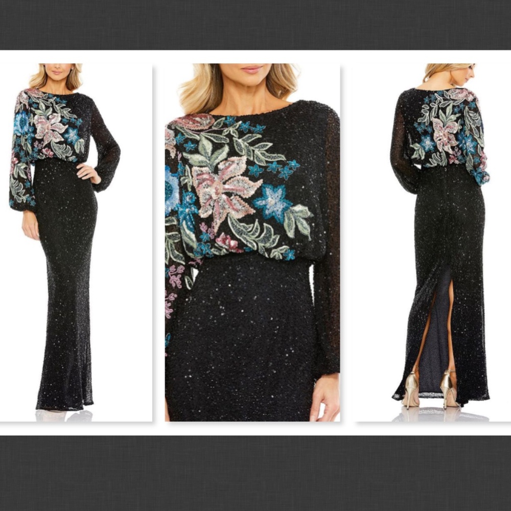NWT $598 Mac Duggal Embellished Black  Multicolor Floral High Neck Gown Size 2